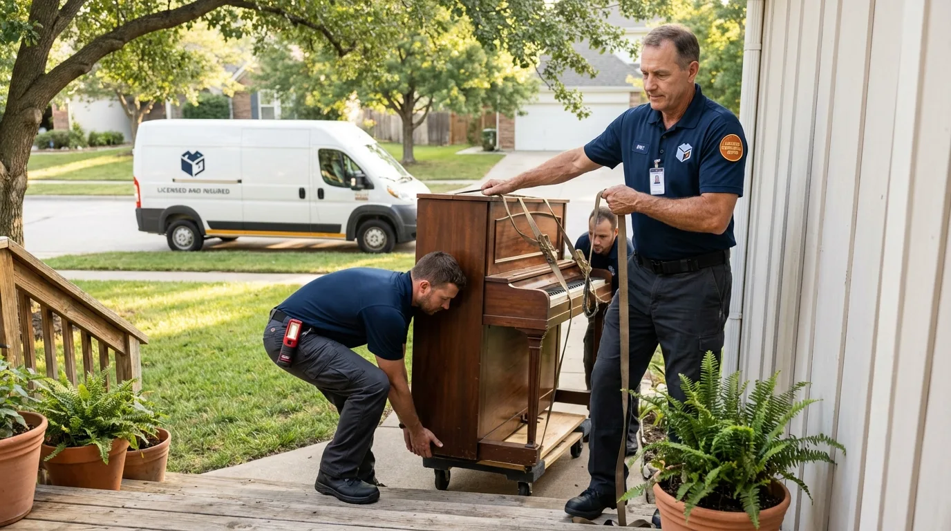 Licensed piano movers securing grand piano in Hanover Park, IL