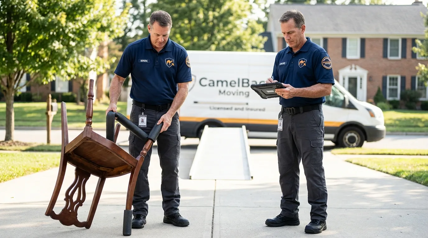 Movers inspecting furniture for damage prevention before loading in Hanover Park, IL