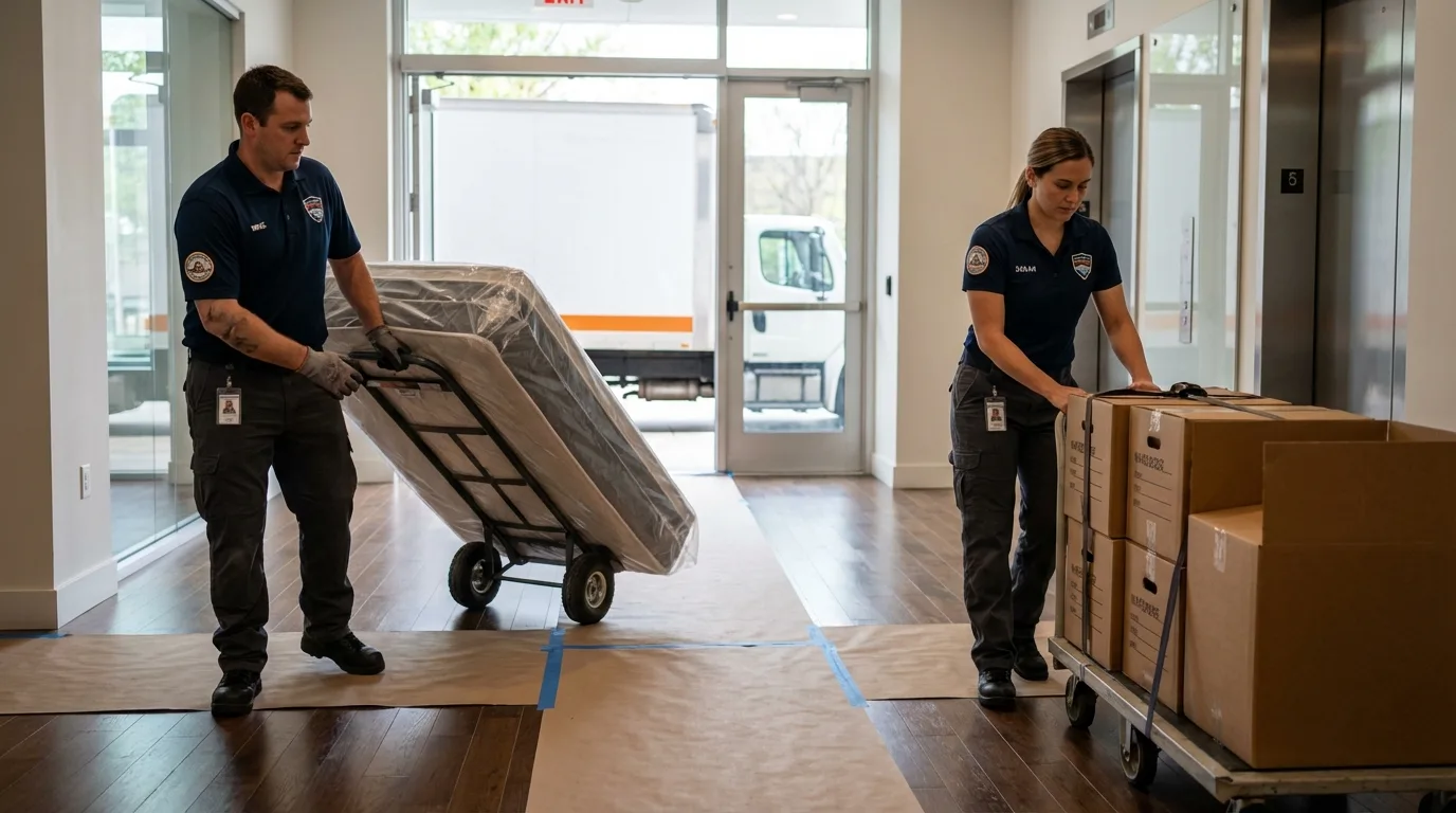 Professional apartment movers loading elevator in Hanover Park, IL